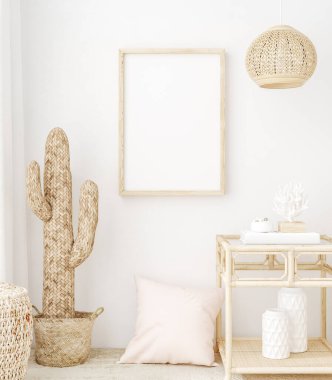Mockup frame in bedroom interior background, Coastal boho style, 3d render clipart