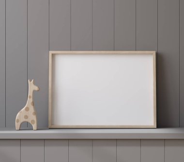 Model poster çerçeve oyuncakla rafa yakın, 3D render