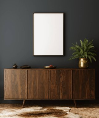 Model poster çerçevesi modern iç arkaplanda, 3d oluşturma