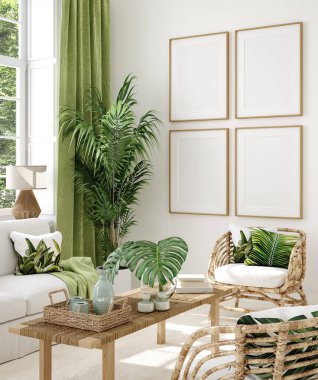 Ev içi rattan sandalyeler, çiçekler ve afiş maketi, 3D görüntüleme