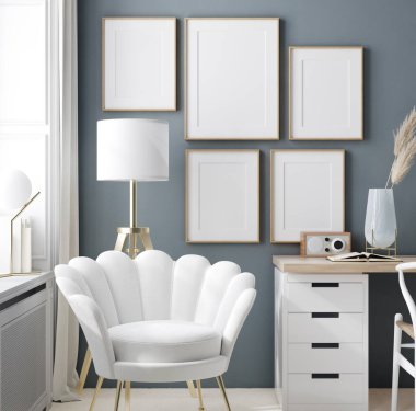 Ev içi arka plandaki rahat iş yeri çerçeve modellemesi, 3d oluşturma