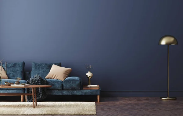 Oturma odasında mavi kanepe, masa ve dekor ile iç mekan modellemesi, 3D