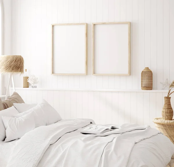 Mock Frame Cozy Home Interior Background Coast Style Bedroom Render — Stok Foto