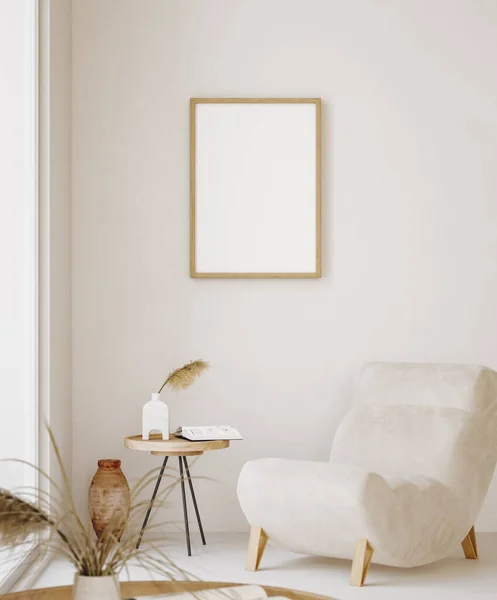 Mock Quadro Casa Interior Fundo Sala Bege Estilo Scandi Boho — Fotografia de Stock