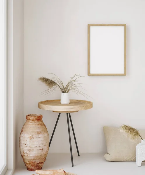 Mock Frame Home Interior Background Beżowy Pokój Stylu Scandi Boho — Zdjęcie stockowe