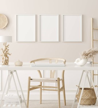 Poster ev ofisinin iç planında, boho stilinde, 3D oluşturma