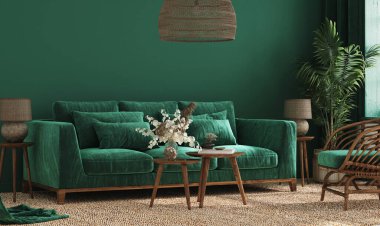 Yeşil kanepe, masa ve dekoru oturma odasında olan rahat yeşil bir ev.