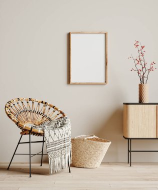Konforlu bej ev arka planı, Boho biçimi, 3D görüntüleme ile çerçeveyi düzenle