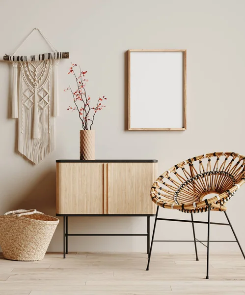 Mock Rahmen Gemütlichen Beige Home Interieur Hintergrund Boho Stil Render — Stockfoto