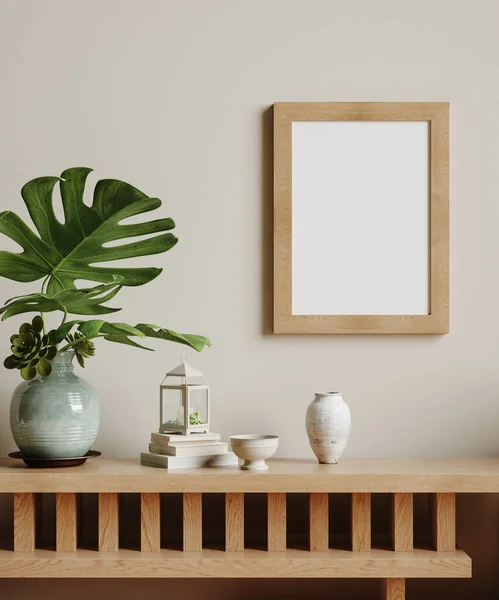 Mock Frame Cozy Beige Home Interior Background Render — Stok Foto