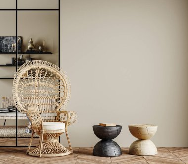 Afrika mobilyası, dekorasyonu, boho stili, 3D görüntüsü olan, bej kaplamalı duvar modeli.
