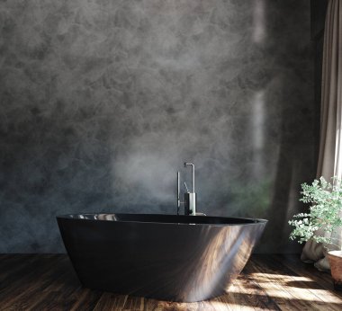 Çatı katında geniş bir banyo, endüstriyel tarzda, 3 boyutlu.