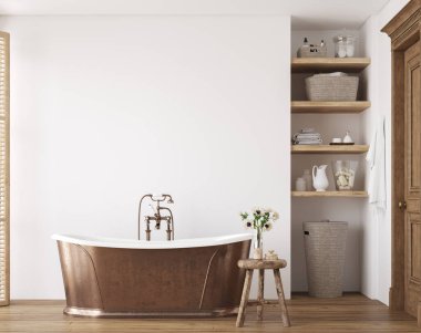 Beyaz, rahat banyo içi, çiftlik evi tarzı, 3 boyutlu.