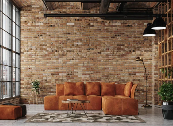 Living Room Interior Loft Industrial Style Render — Stock Photo, Image
