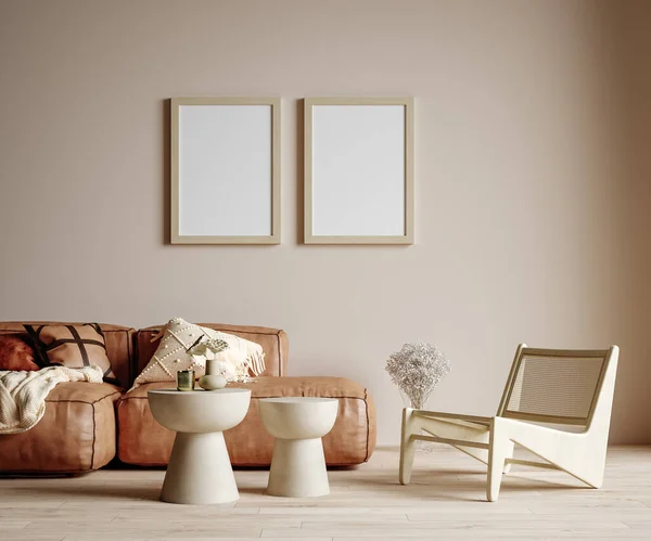 Minimalistický Boho Domácí Interiér Maketa Obývací Pokoj Pastelových Barvách Vykreslení — Stock fotografie