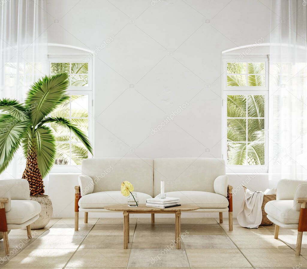Home mockup, living room interior of Spanish villa, 3d render
