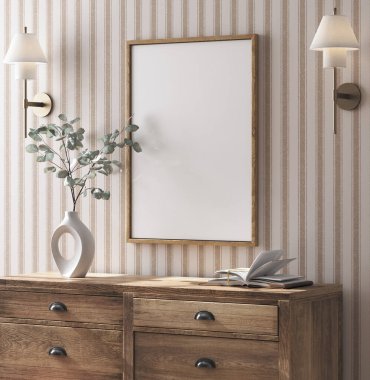 Zarif oda içinde model çerçeve, eski ahşap mobilyalar ve kurutulmuş buket, 3 boyutlu.