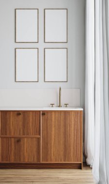 Minimalist modern mutfak içerisindeki çerçeve modeli, 3D görüntüleme