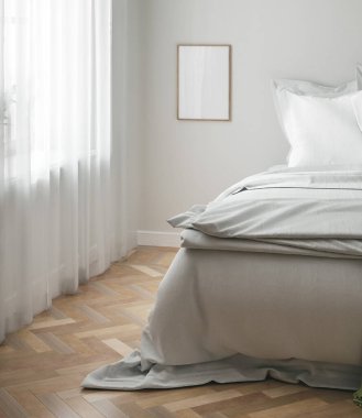 Zarif doğal yatak odası iç dekorasyonu, 3D görüntüleme.