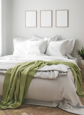 Zarif doğal yatak odası iç dekorasyonu, 3D görüntüleme.