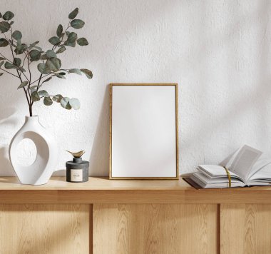 Oturma odasının iç tarafındaki poster çerçevesini düzenle. İskandinav tarzı. 3d hazırlayıcı