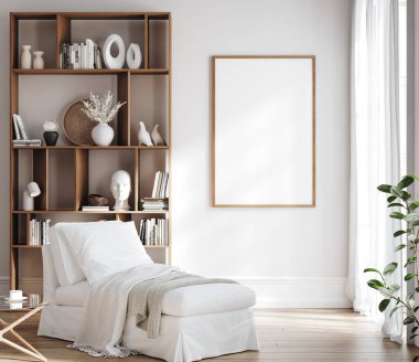 İskandinav oturma odasının iç planında model çerçeve, 3D canlandırma