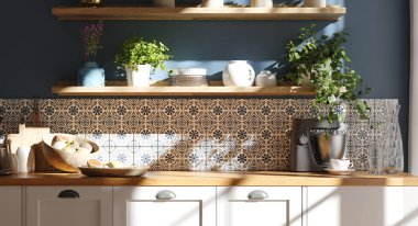 Konforlu mutfak iç mimarisi, İskandinav tarzı, panoramik arka plan, 3D canlandırma