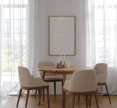 İskandinav tarzı, 3 boyutlu, rahat, aydınlık mutfak iç tasarımı.