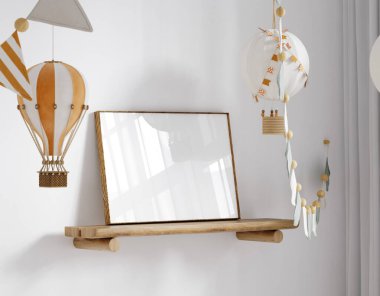 Çocuk odasında çerçeve, İskandinav tarzı iç plan, 3D canlandırma