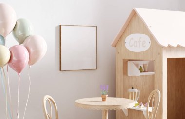 Çocuk oyun odasında çerçeve, masalı rahat ahşap kafe, sandalyeler ve balonlar, 3D görüntüleme