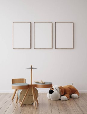 Çocuk odasında kare maketi, ahşap karyolasıyla aydınlık iç mekan, 3 boyutlu görüntüleme.