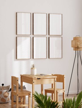 Çocuk oyun odasındaki çerçeve modeli, doğal ahşap masa ve sandalyeli minimalist iç mekan, 3 boyutlu canlandırma.