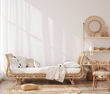 Güzel bebek odasındaki afiş çerçevesi maketi, yumuşak ve ahşap oyuncaklar, Sandi-Boho çocuk odası iç dekorasyonu, 3D