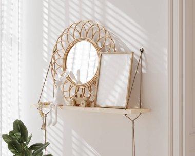 Scandi-Boho kreşinde poster çerçevesi modeli, oyuncaklarla dolu raf, çerçeve ve rattan ayna, çocuk odası iç mekanı, 3D resim