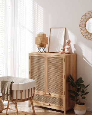 Doğal ahşap mobilyaları, Sandi-Boho çocuk odasının iç dekorasyonu, 3 boyutlu...