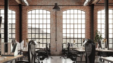 Daire içi ofis, endüstriyel tarzda, 3 boyutlu.