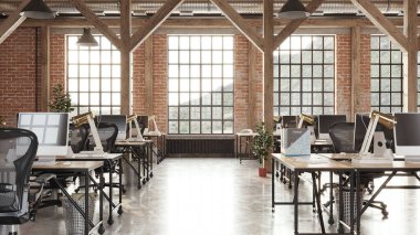 Daire içi ofis, endüstriyel tarzda, 3 boyutlu.