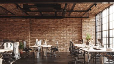 Daire içi ofis, endüstriyel tarzda, 3 boyutlu.