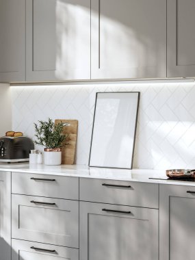 Modern mutfak iç planında çerçeve modeli, 3D oluşturma