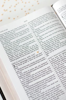 Tanrı sadıktır ve beyaz arka planda hardal tohumları olan açık kutsal İncil 'de yazılıdır. İncil 'deki Hristiyan konsepti doğruluk ve İsa' ya güven..