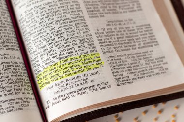 Hardal tohumlu kutsal İncil 'i aç. İnanç ve Tanrı 'ya güven, İsa Mesih, İncilsel kavram.