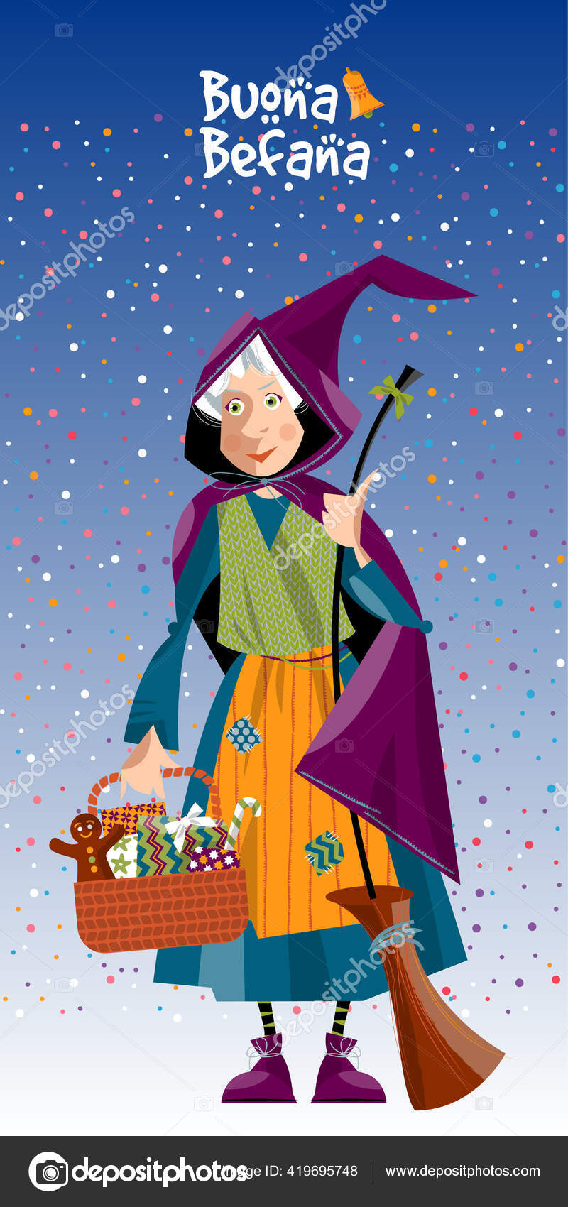 Befana Old Woman Flying On A Broomstick With A Basket Of Gifts For