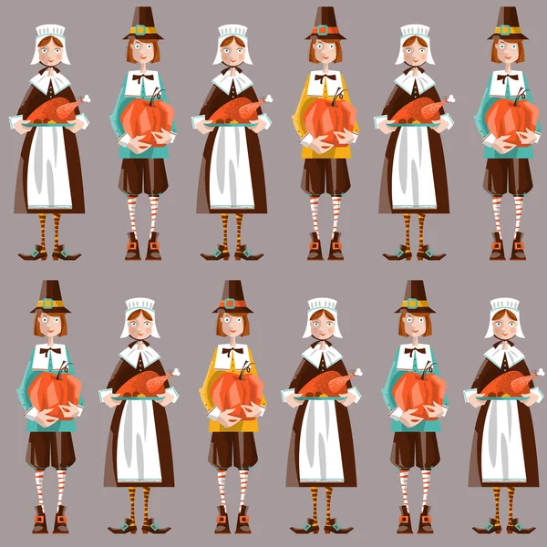 Pelgrimskoppel Thanksgiving Naadloos Achtergrondpatroon Vectorillustratie — Stockvector