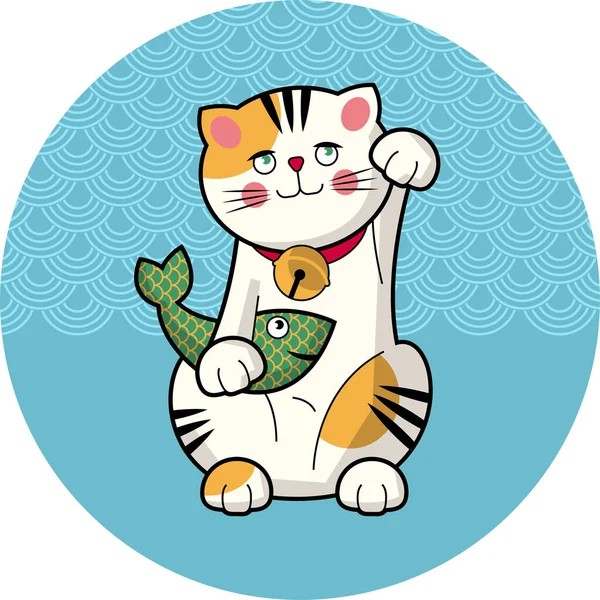 Традиционная Японская Счастливая Кошка Рыбой Манеки Неко Векторная Иллюстрация — стоковый вектор