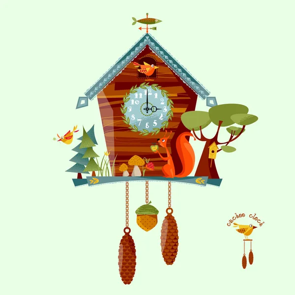 Reloj Cuco Con Ardilla Árboles Bayas Setas Estilo Rural Ilustración — Vector de stock