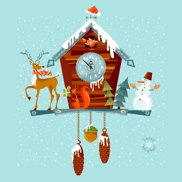 Χριστουγεννιάτικο Ρολόι Κούκου Ελάφια Σκίουρους Και Χιονάνθρωπους Εικονογράφηση Διανύσματος — Διανυσματικό Αρχείο