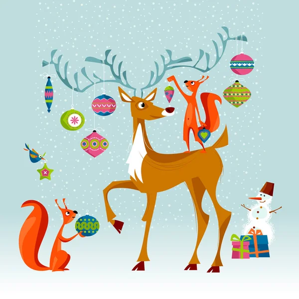 Weihnachtliche Hirsche Und Eichhörnchen Mit Weihnachtskugel Vektorillustration — Stockvektor