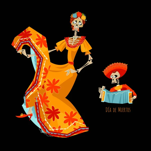 Calavera Catrina Esqueleto Bailando Día Muertos Ilustración Vectorial — Vector de stock