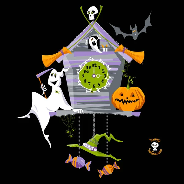 Zegar Kukułką Duchem Dynią Czaszką Stylu Halloween Ilustracja Wektora — Wektor stockowy