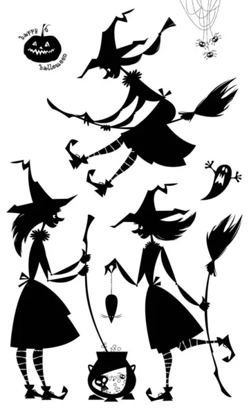 Группа Трех Маленьких Колдунов Колдовство Счастливого Хэллоуина Черное Белое Векторная — стоковый вектор